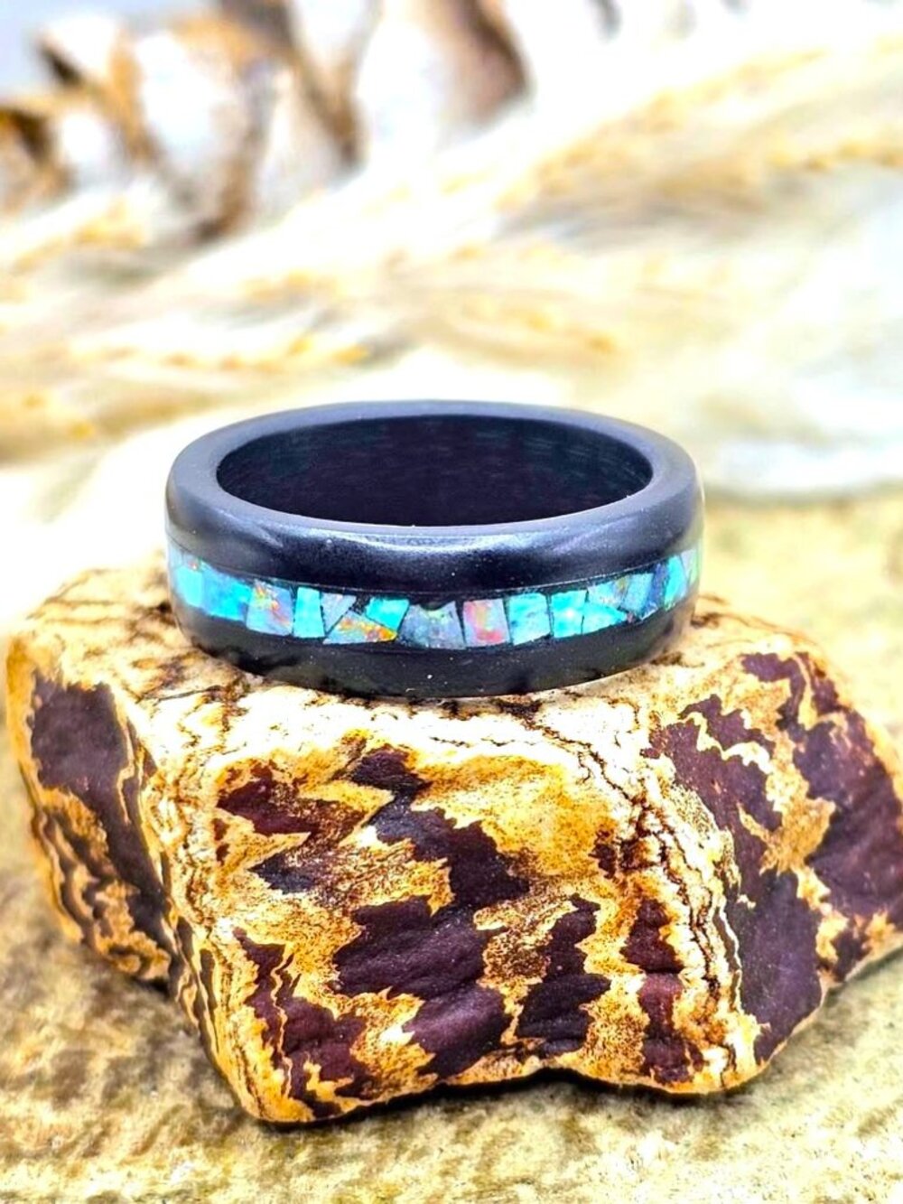 Black Minimalist Ring with Natural Flashy Opal Inlay • Size 7 • Modern Ring